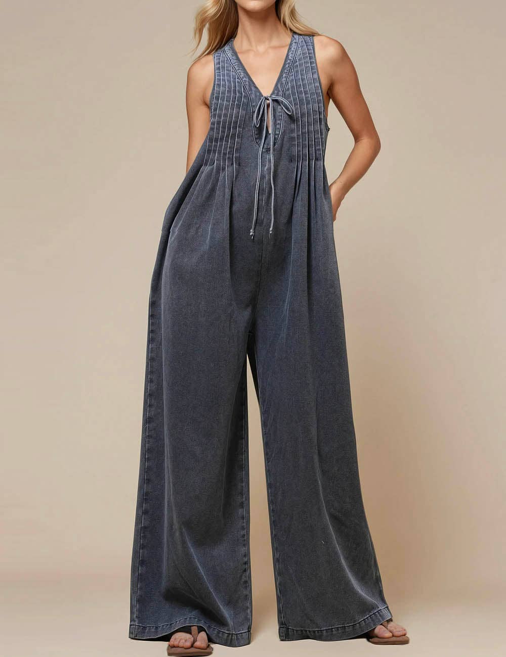 Ladies V-Neck Sleeveless String Tie Jumpsuit