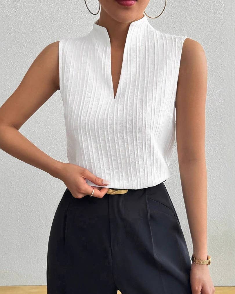 White V-Neck Sleeveless Textured Casual Tank Top