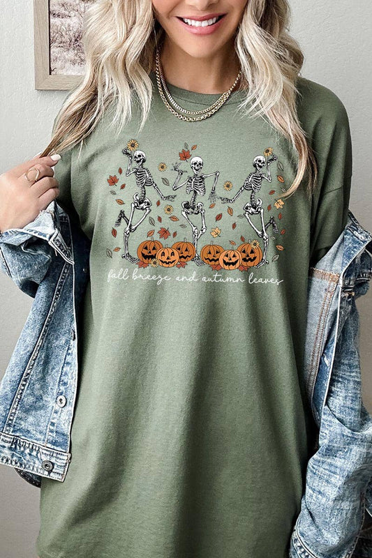 Green Fall Breeze Skeleton Graphic Tee