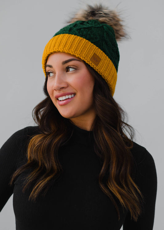 Green & Gold Trim Cable Knit Pom Hat