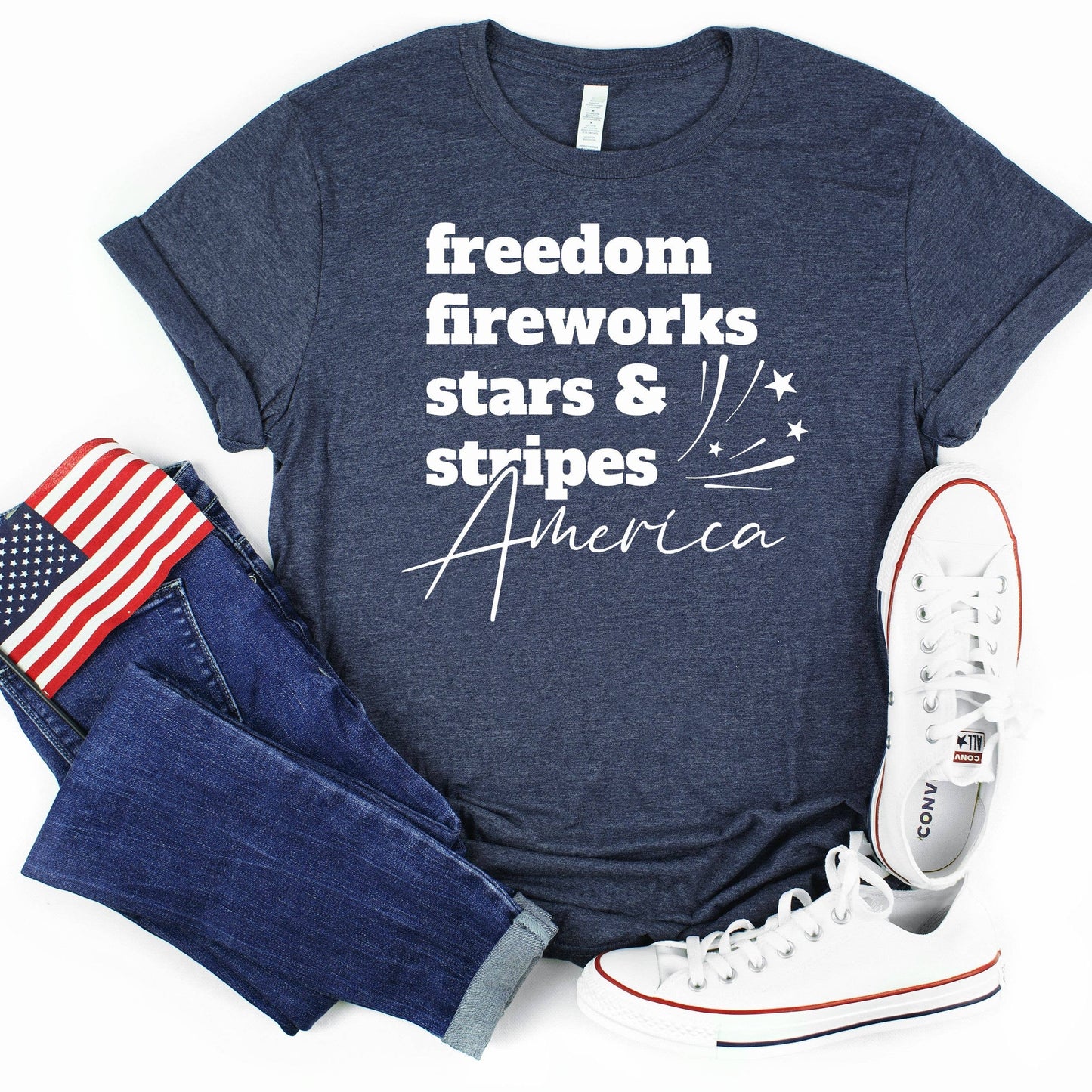 $10 Rack - Freedom Fireworks America Navy Tee White Ink