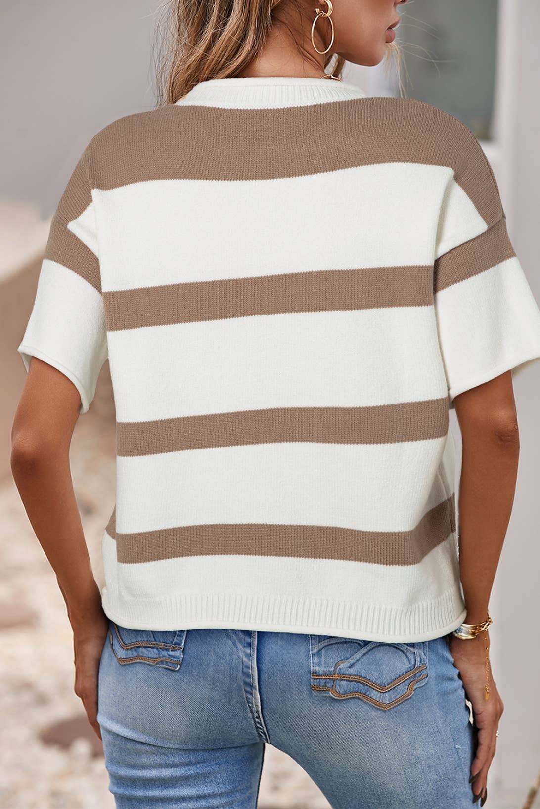 Sale - Stripe Dropped Short Sleeve Lightweight Knitted Blouse