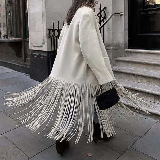 Beige Fashion Elegant Streetwear Long Tassels Coat