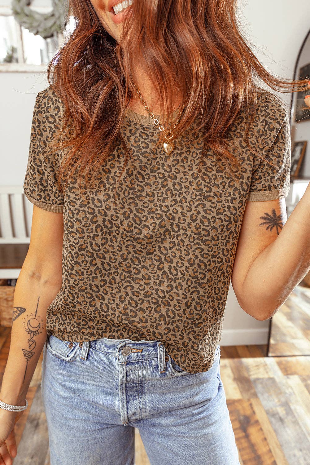 Western Leopard Print Crew Neck Casual Tee