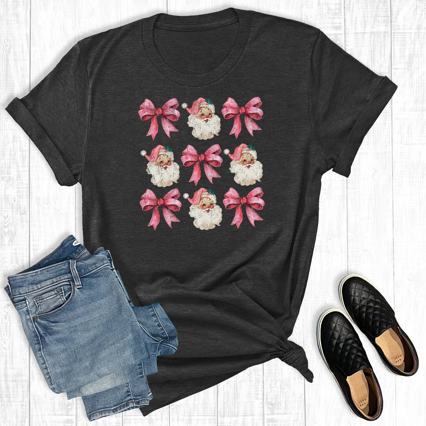 Retro Christmas Coquette Bows And Santas Graphic Tee