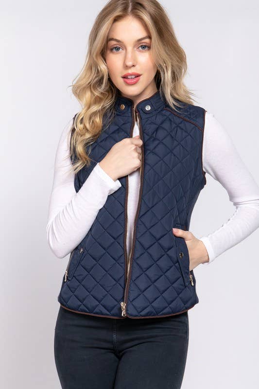 Navy Suede Piping Detail Side Rib Quilted Padding Vest