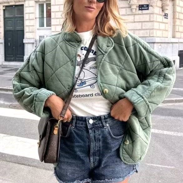 Moss Green Diamond Lattice Quilted Cotton Jacket