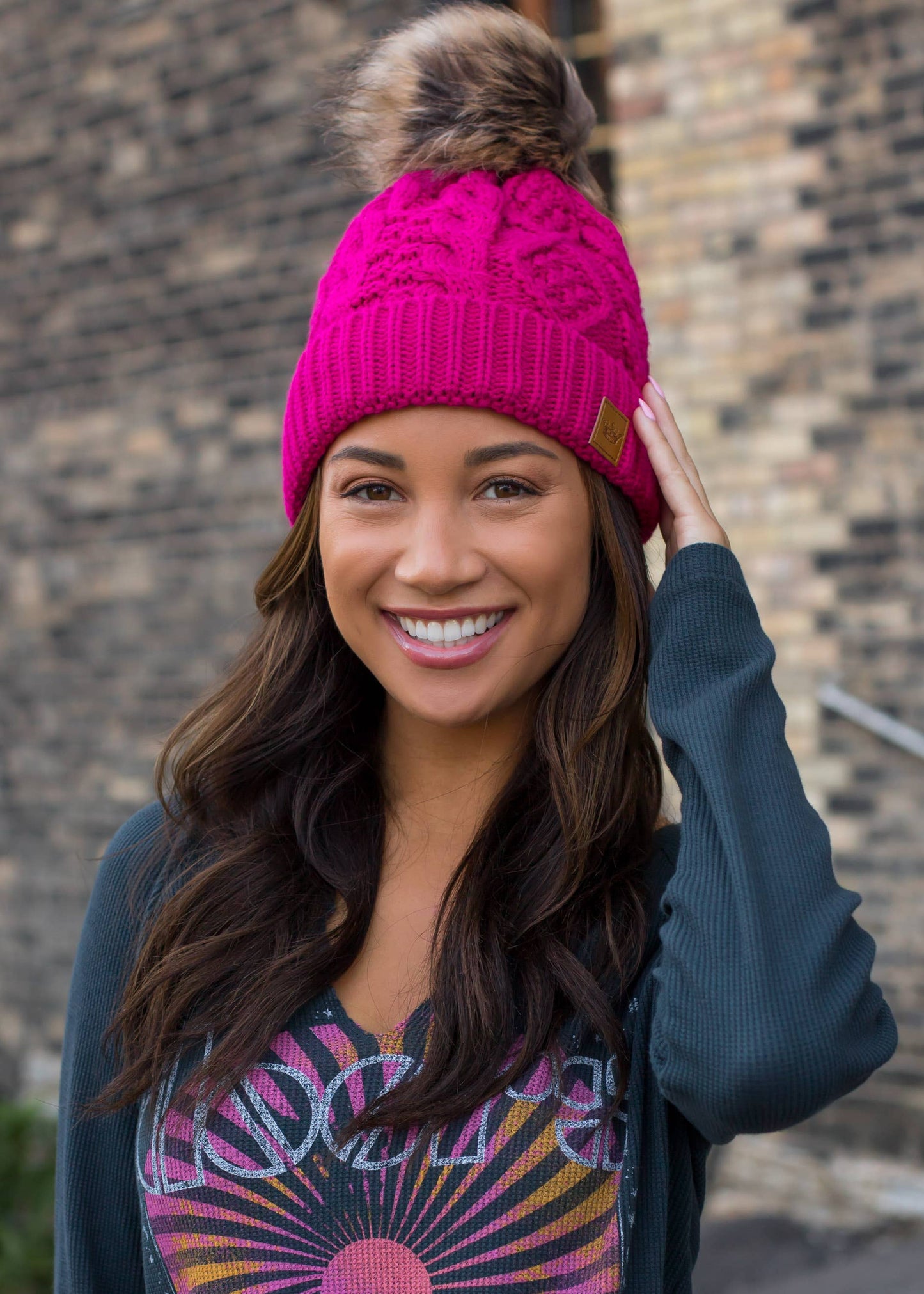 Pink Cable Knit Pom Hat