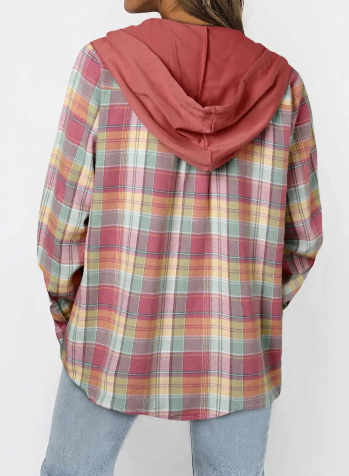 Coral Red Hooded Plaid Button-Up Jacket - Light Weight Oversized Shacket