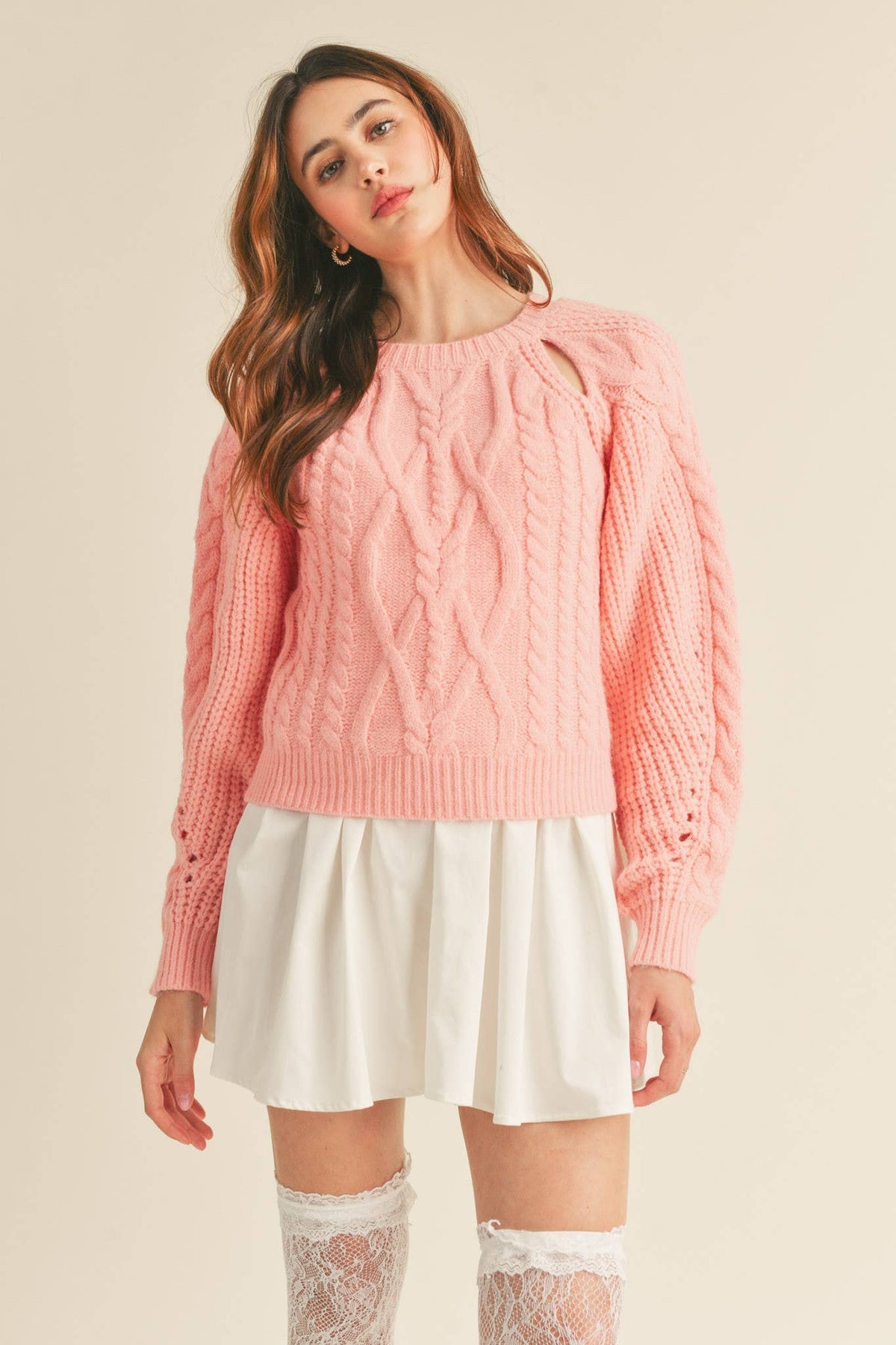 Pastel Pink Cut Out Cable Knit Sweater