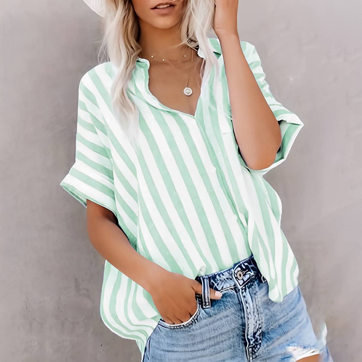 Sale - Green Trendy Striped Oversized Button-Down Shirt