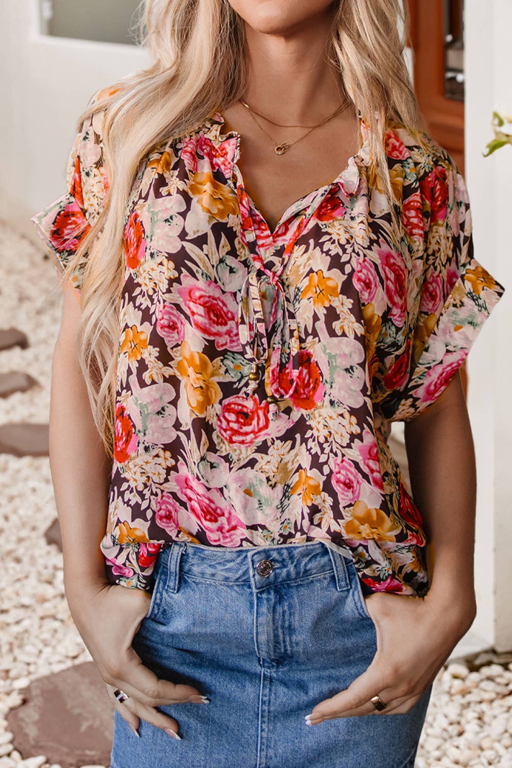 $10 Rack - Floral Print Crew Neck Short Sleeve Shift Blouse