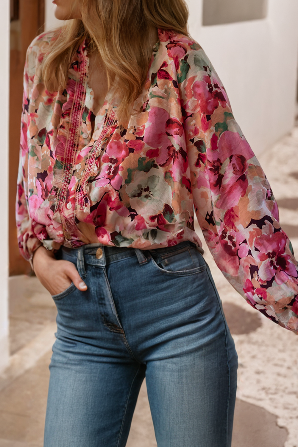 $10 Rack - Floral Print Ruffled Stitch Buttoned Loose Fit Shirt