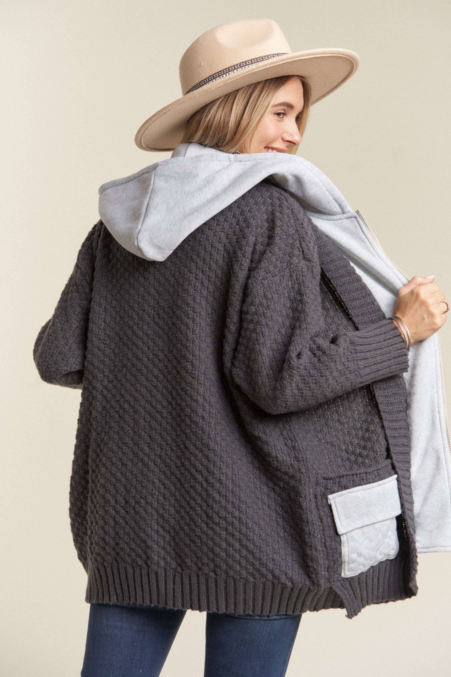 Charcoal Knit Zip Up Hoodie Jacket
