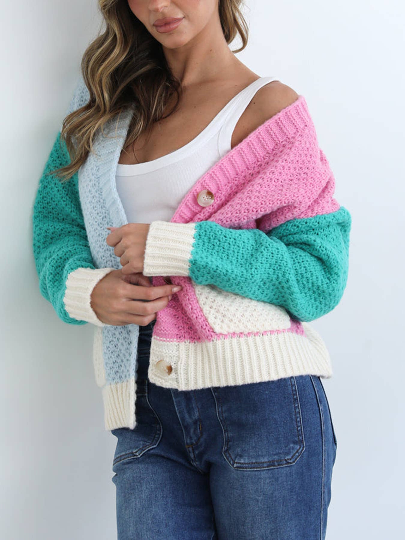 Sale - Contrasting Color Spring Knitted Cardigan