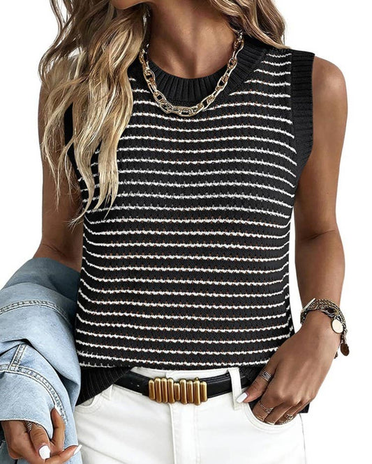 Casual Round Neck Sleeveless Striped Knit Tank Top