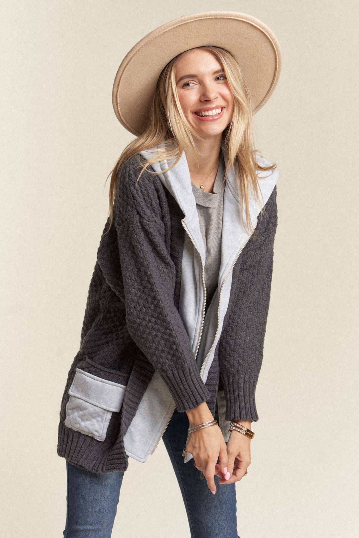 Charcoal Knit Zip Up Hoodie Jacket