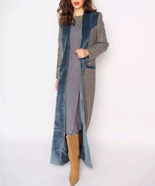 Velvet Lined Plaid Long Coat