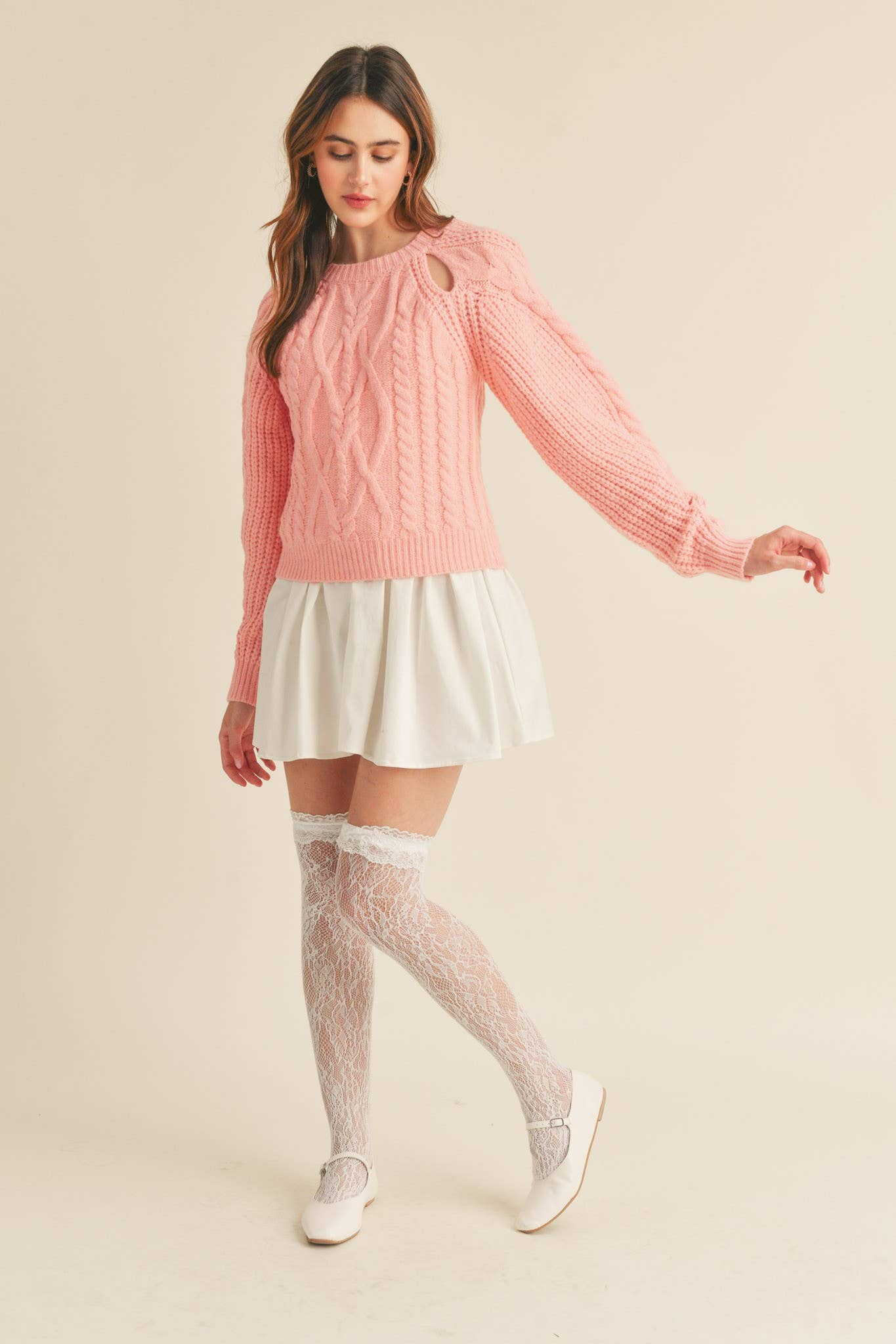 Pastel Pink Cut Out Cable Knit Sweater