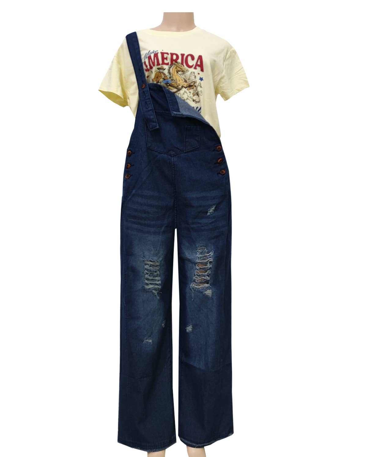 Blue Distressed Baggy Wide Leg Denim Overalls