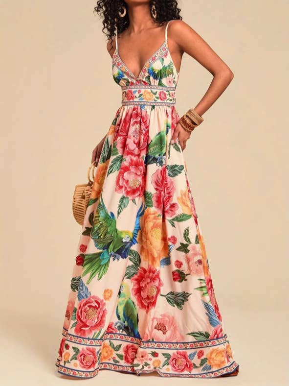 Verona Macaw & Peony Floral Print Resort Strappy Sundress
