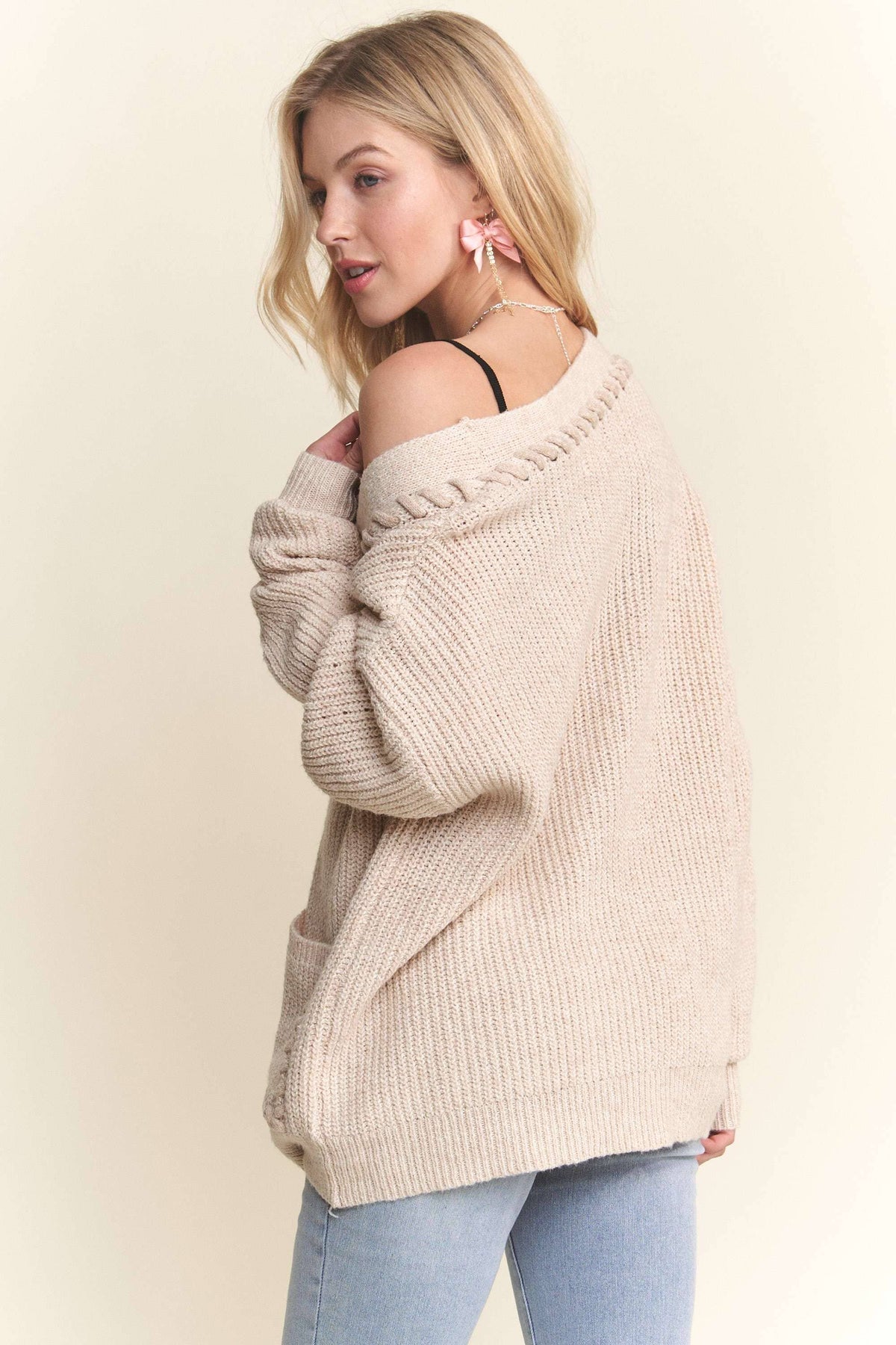 Oatmeal Stitch Accent Sweater Cardigan