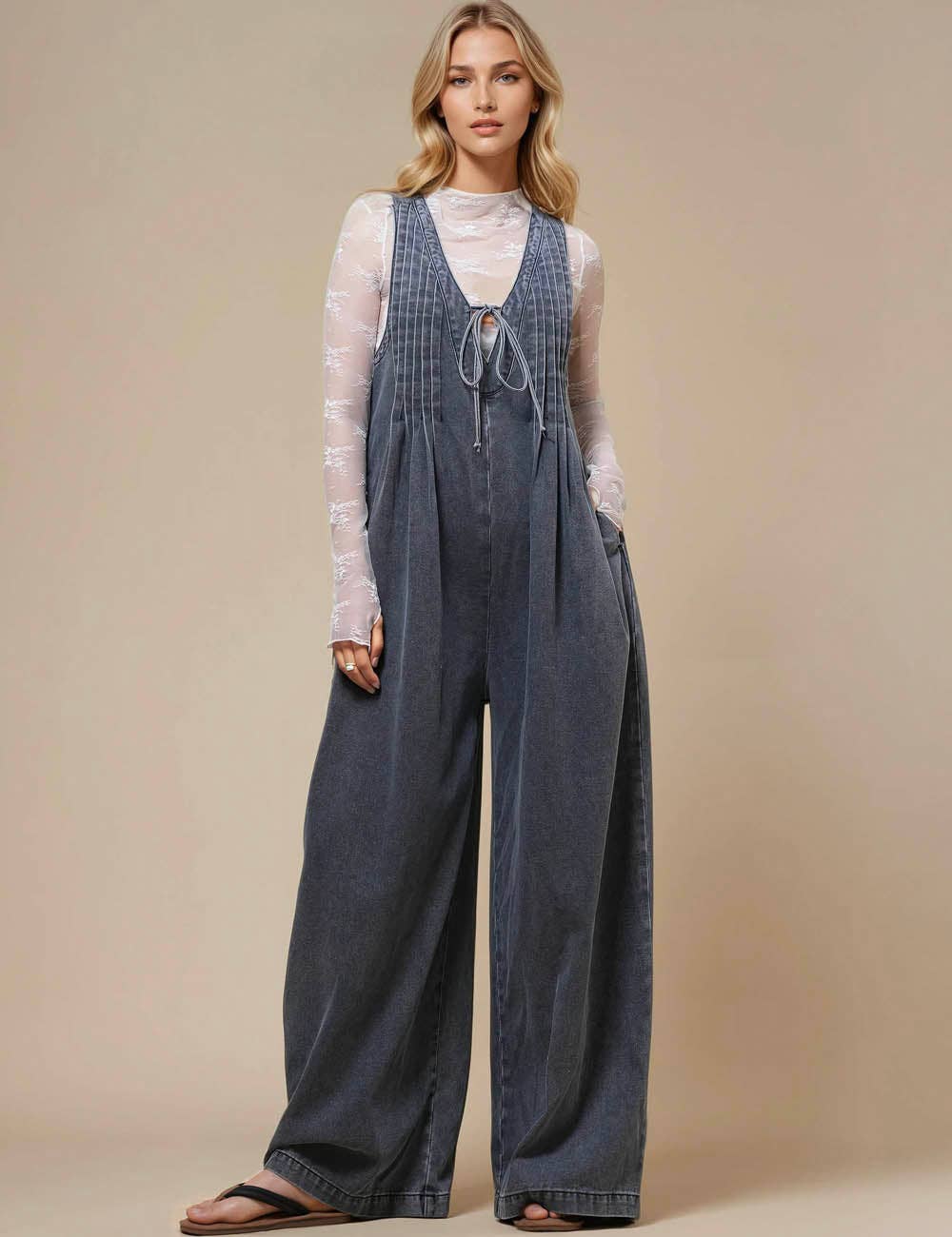 Ladies V-Neck Sleeveless String Tie Jumpsuit