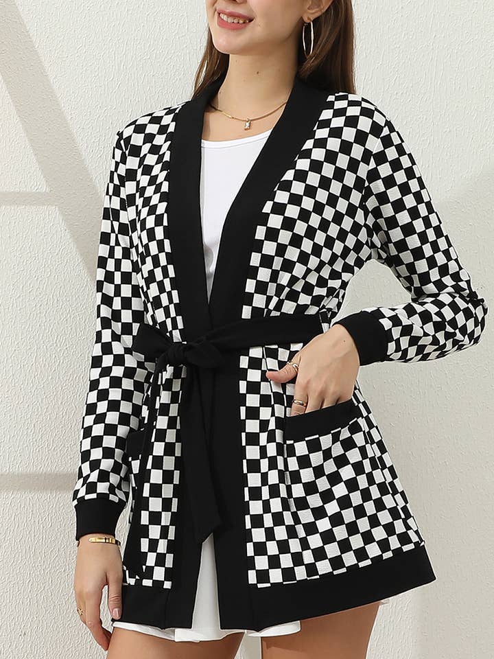 Sale - Black and White Check Race Day Long Sleeve Cardigan with Pockets