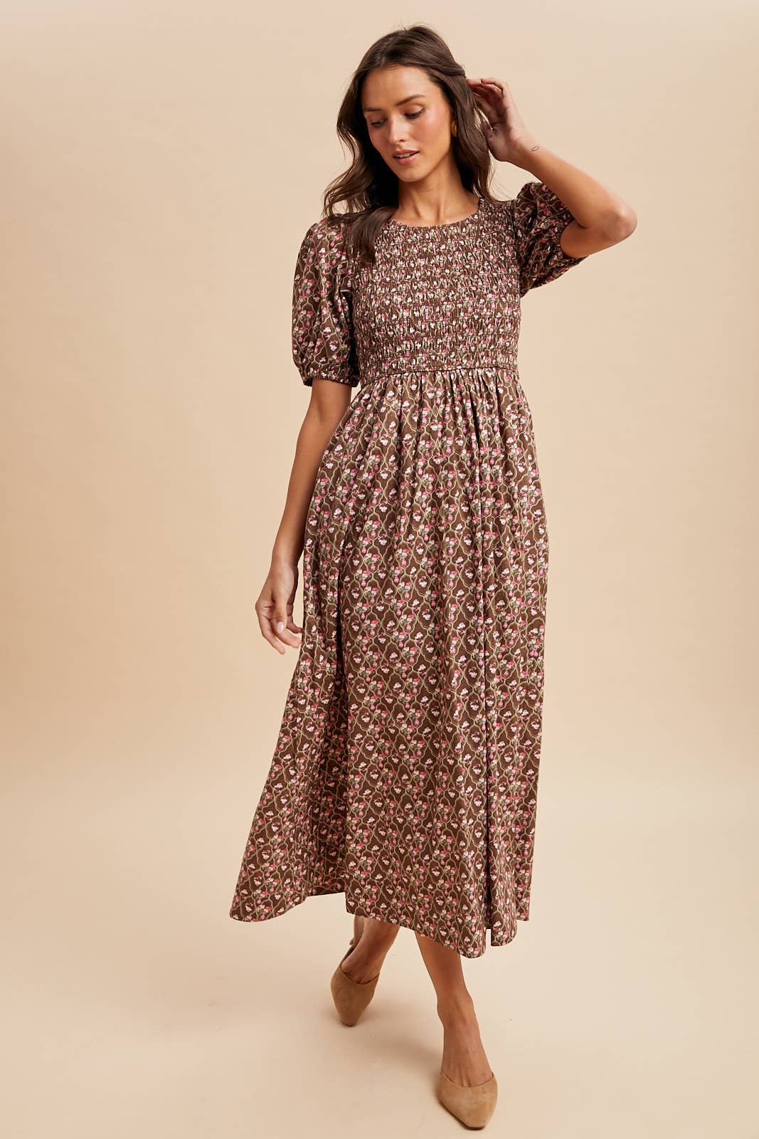 Sale - Mocha Smocked Cotton Floral Maxi Dress