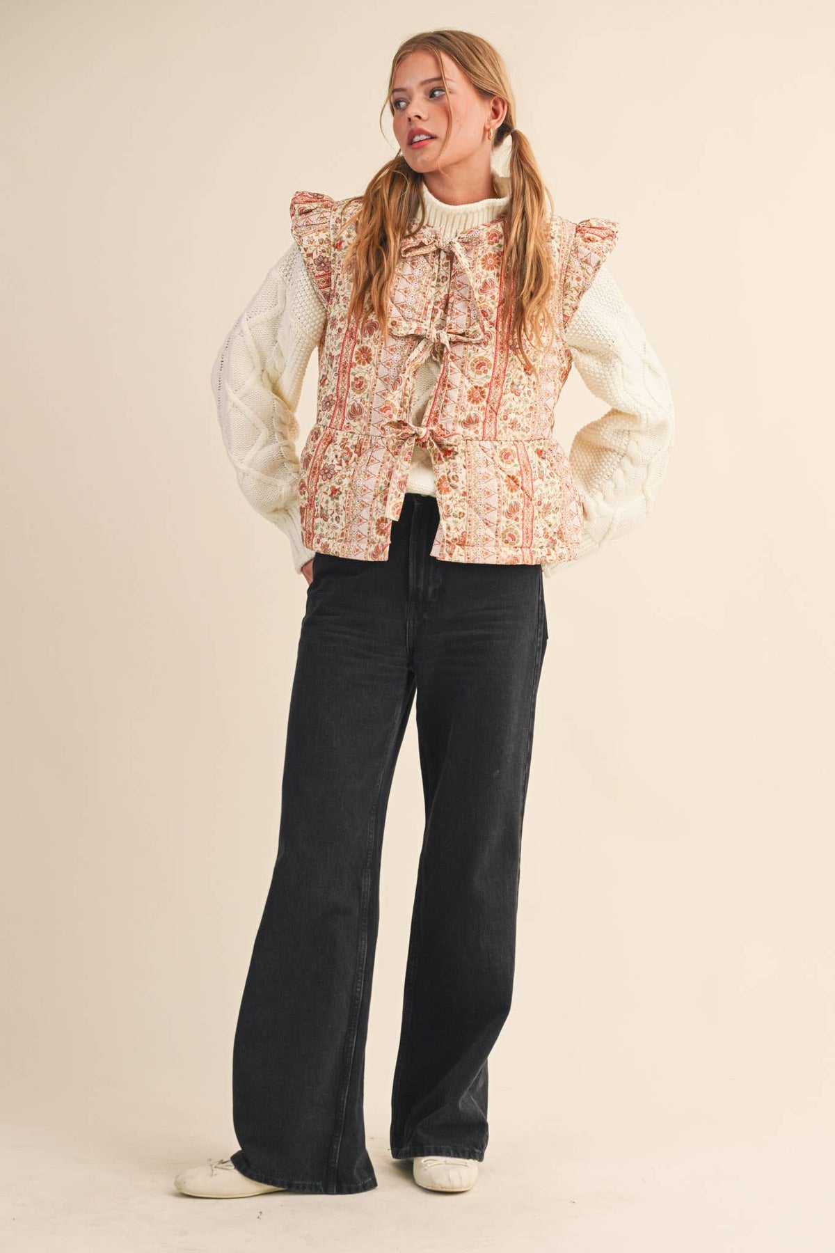 Quilted Floral Vest with Flutter Sleeves
