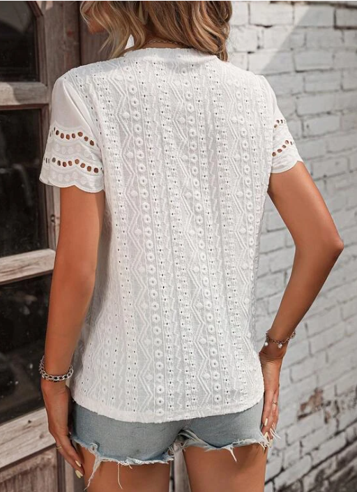 Ladies Eyelet Short Sleeves Round Neck Blouse