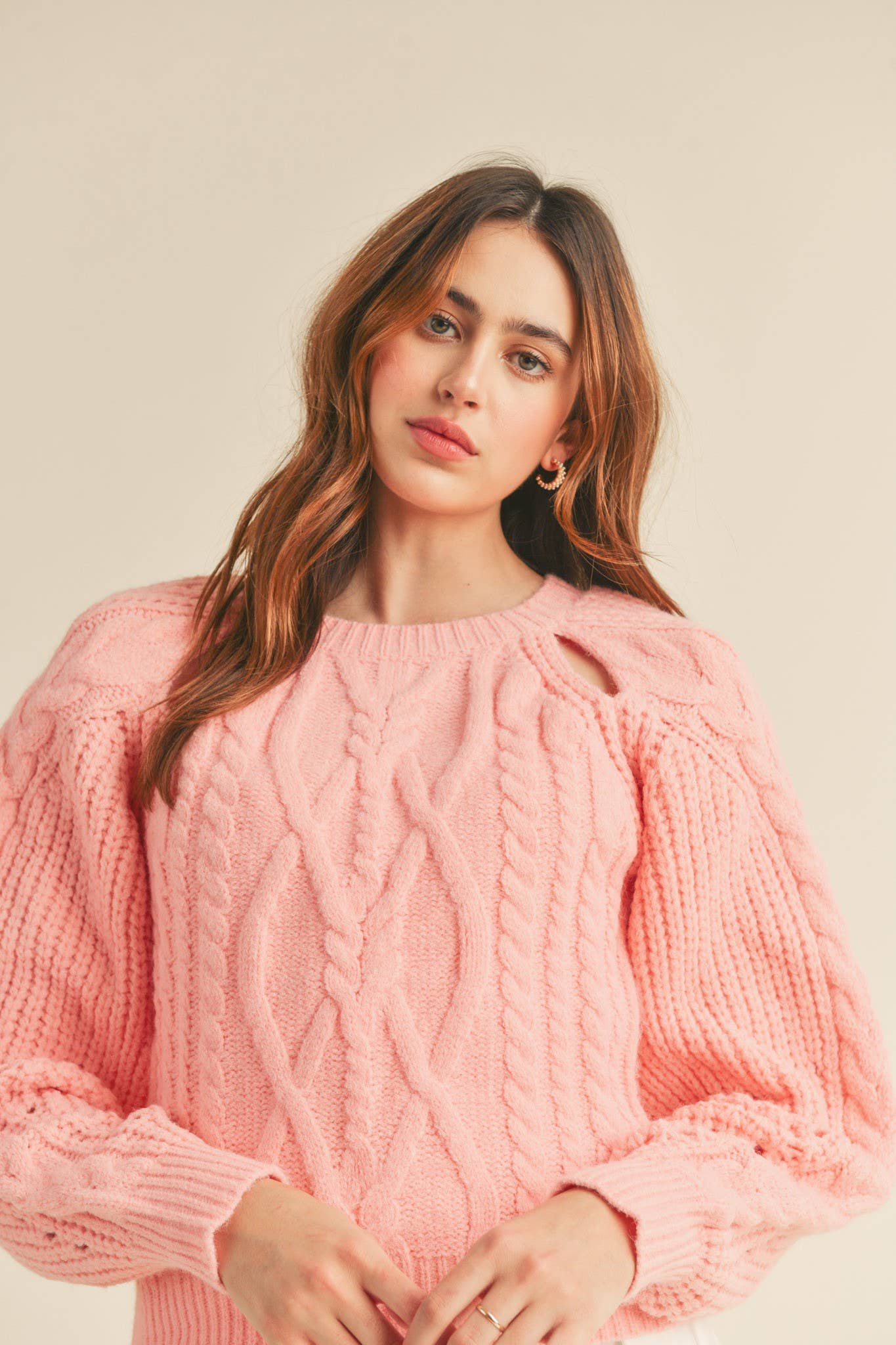 Pastel Pink Cut Out Cable Knit Sweater