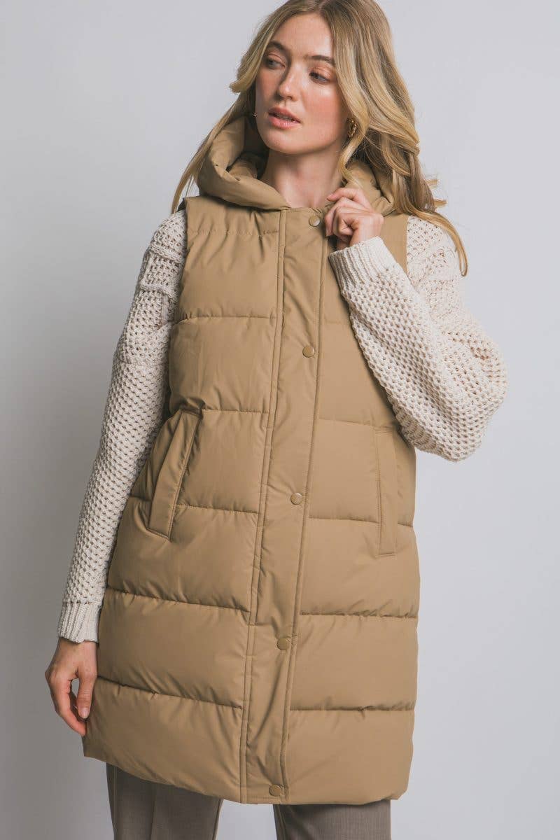 Sage Green Hooded Long Quilted Puffer Vest