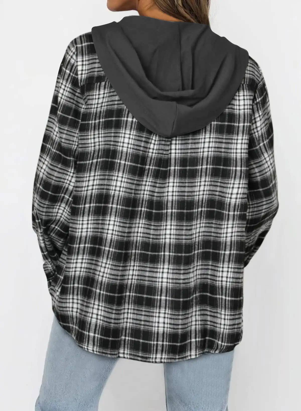 Black and Ivory Hooded Plaid Button-Up Jacket - Light Weight Oversized Shacket