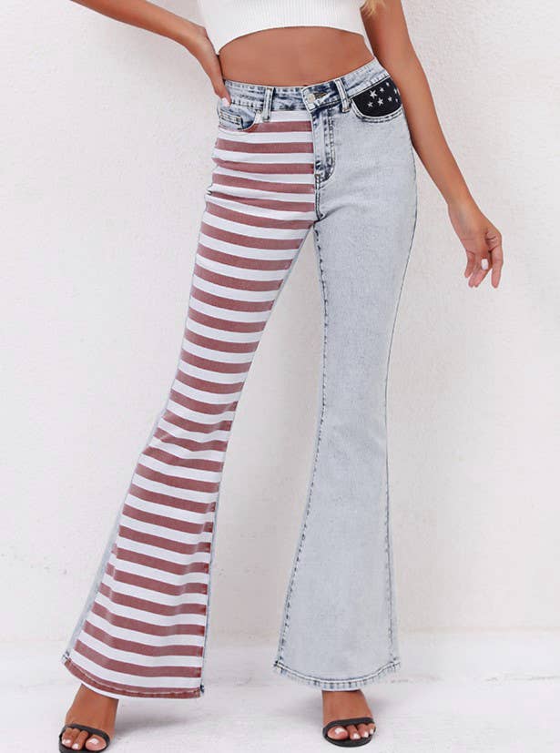 July 4th Patchwork Striped Flared Jeans