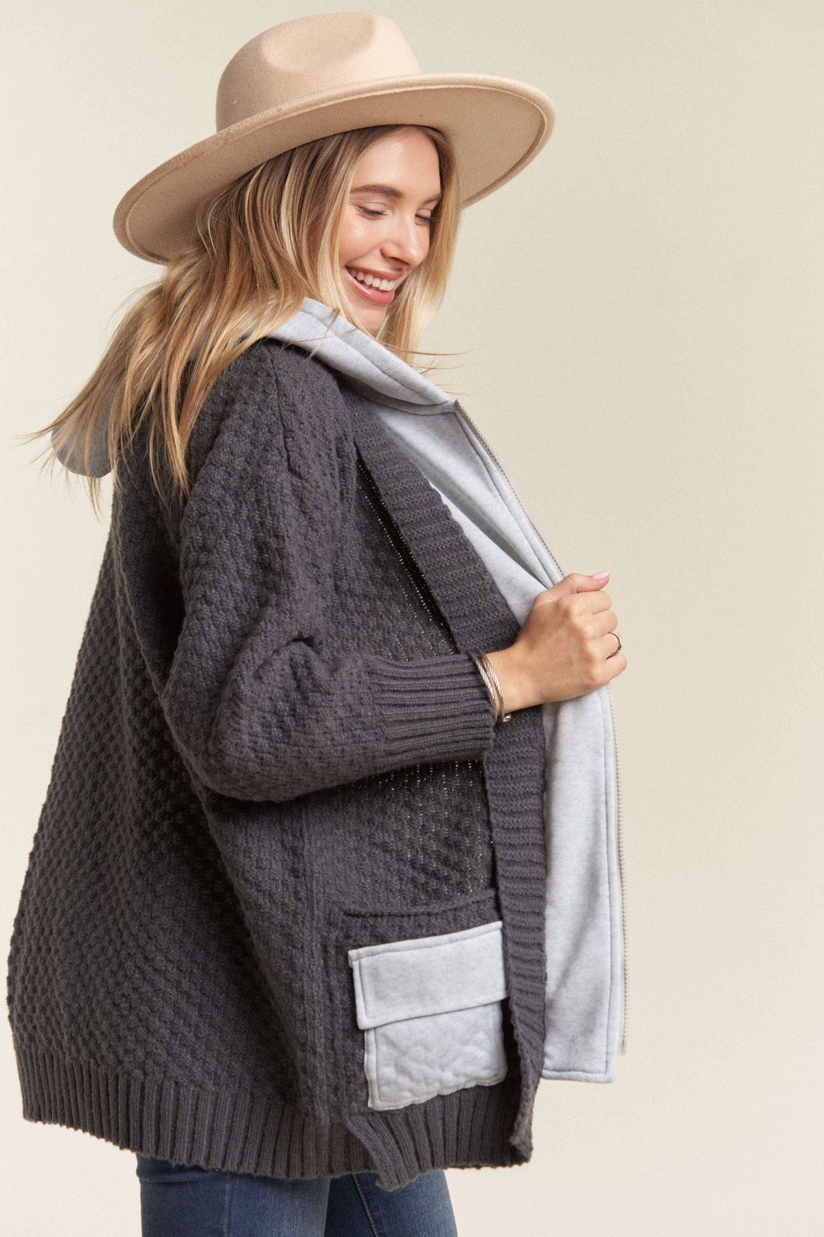 Charcoal Knit Zip Up Hoodie Jacket