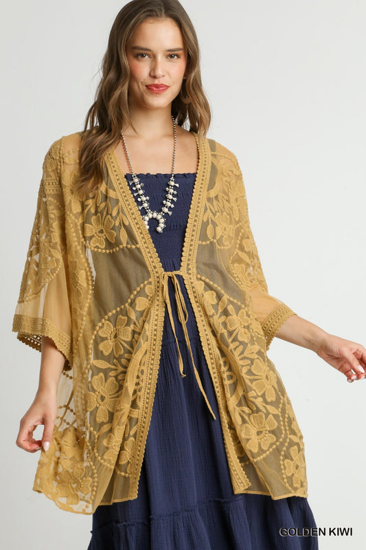 Sale - Golden Kiwi Floral Lace Open Front Kimono with Waist Tie