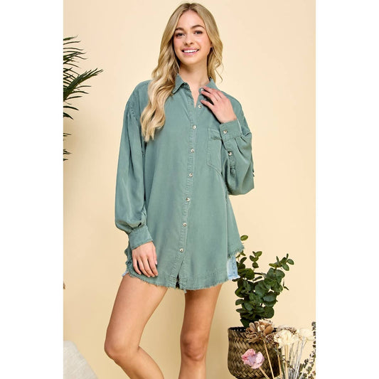 Sale - Sage Green Oversize Frayed Seam Balloon Sleeve Shirt