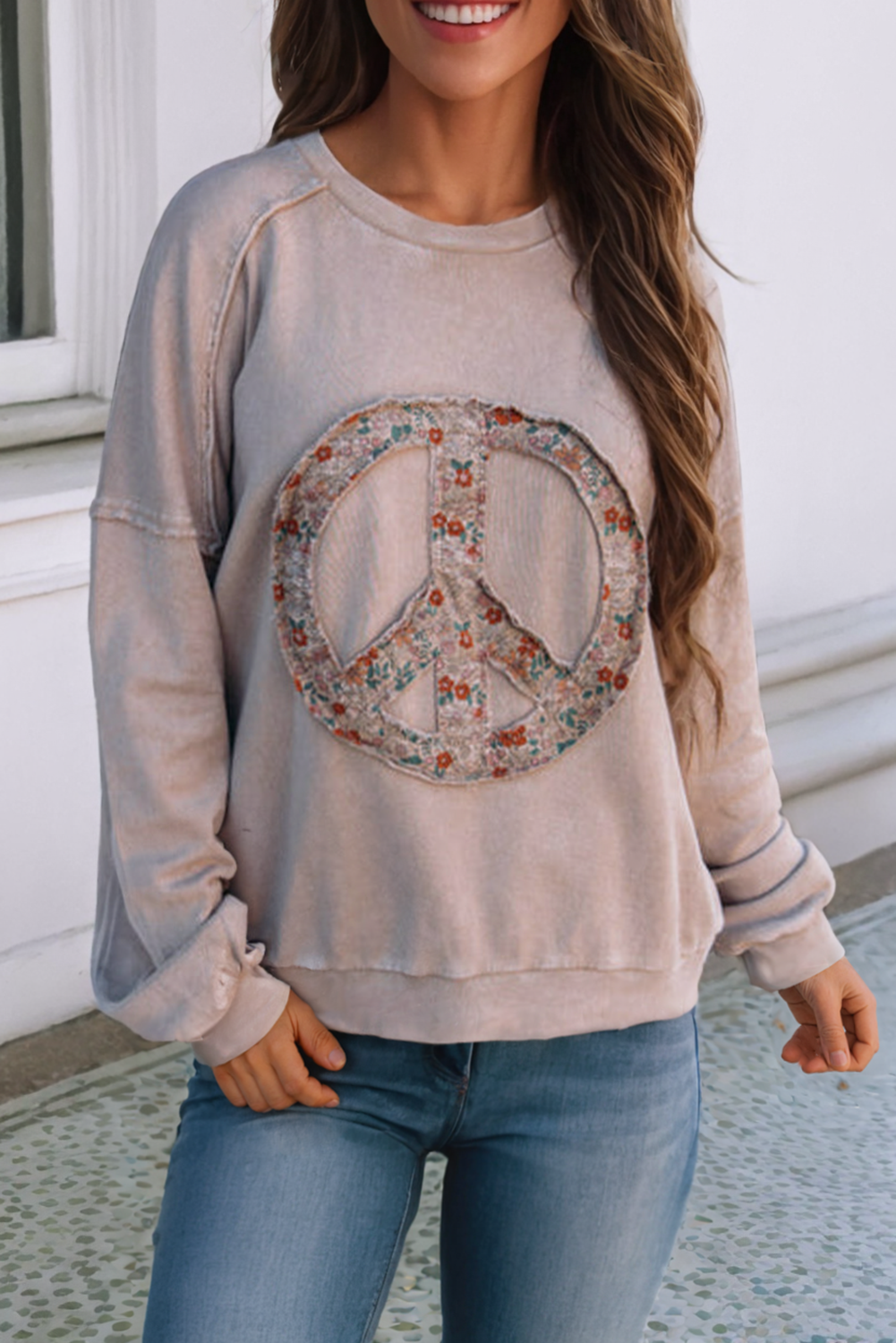 Floral Peace Symbol Drop Shoulder Sweatshirt