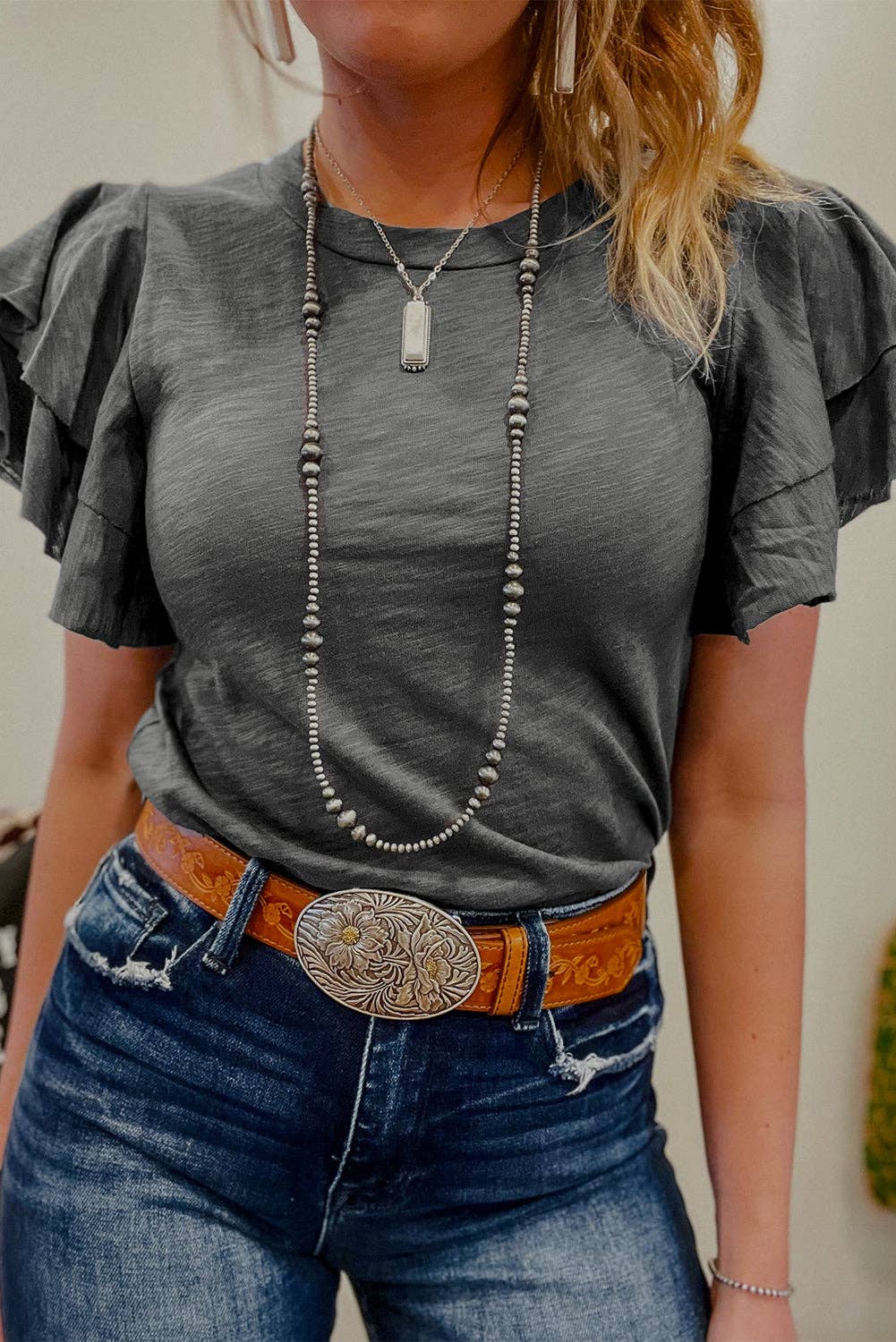 Dark Grey Ruffle Sleeve Casual Summer Top