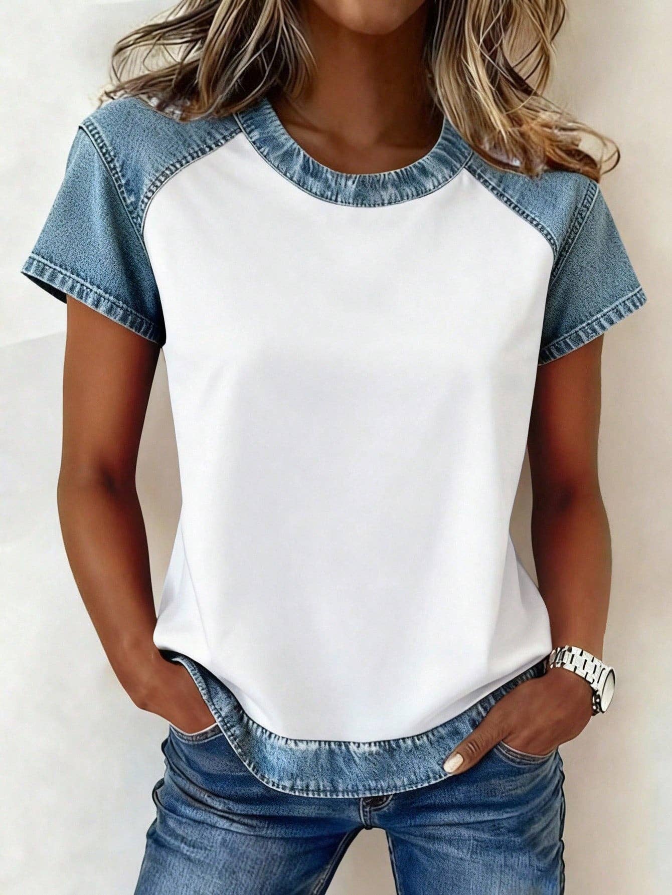 Faux Denim Colorblock Crew Neck Casual Tee