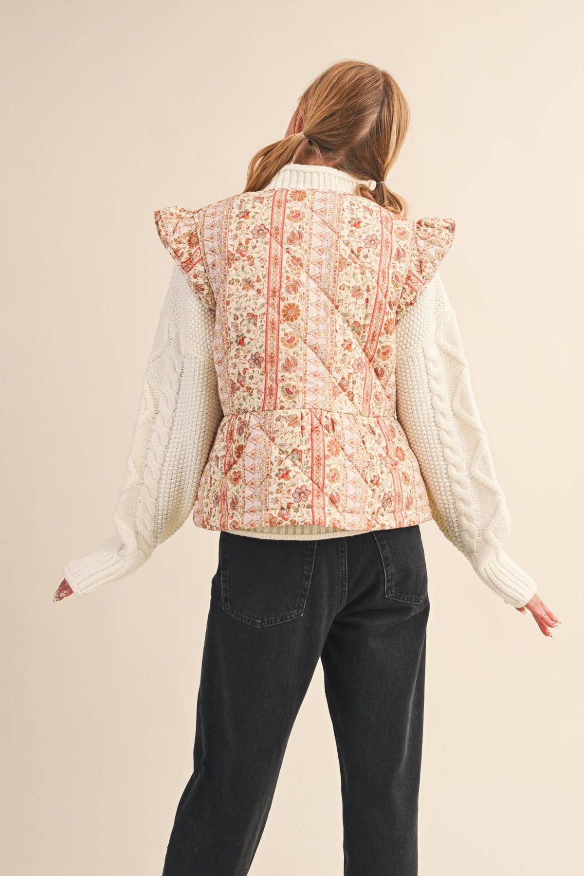Quilted Floral Vest with Flutter Sleeves