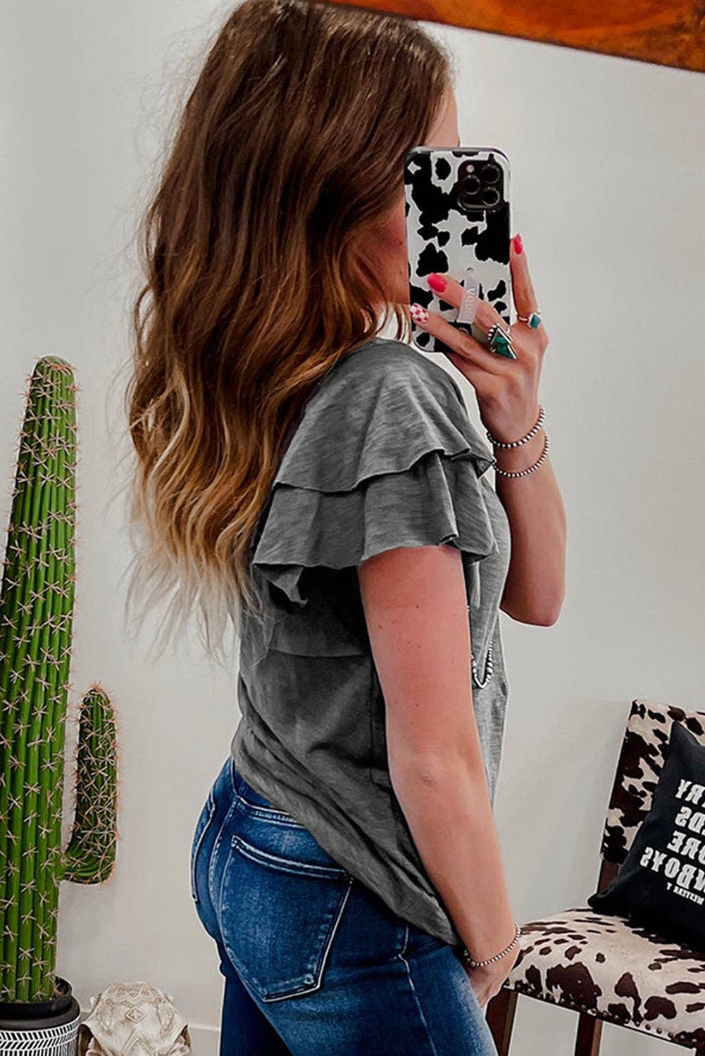 Dark Grey Ruffle Sleeve Casual Summer Top