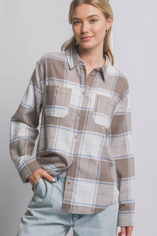 Truffle Plaid Flannel Button-Down Shirt