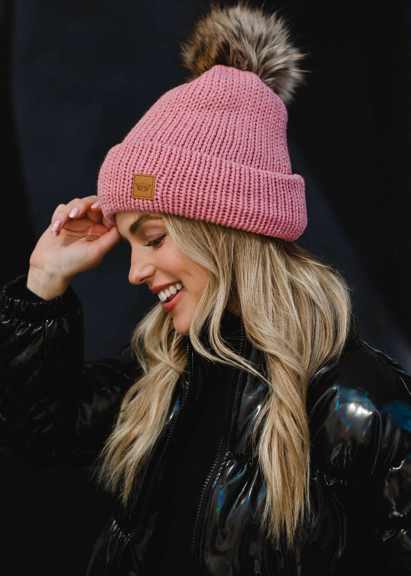 Pink Cable Knit Pom Hat