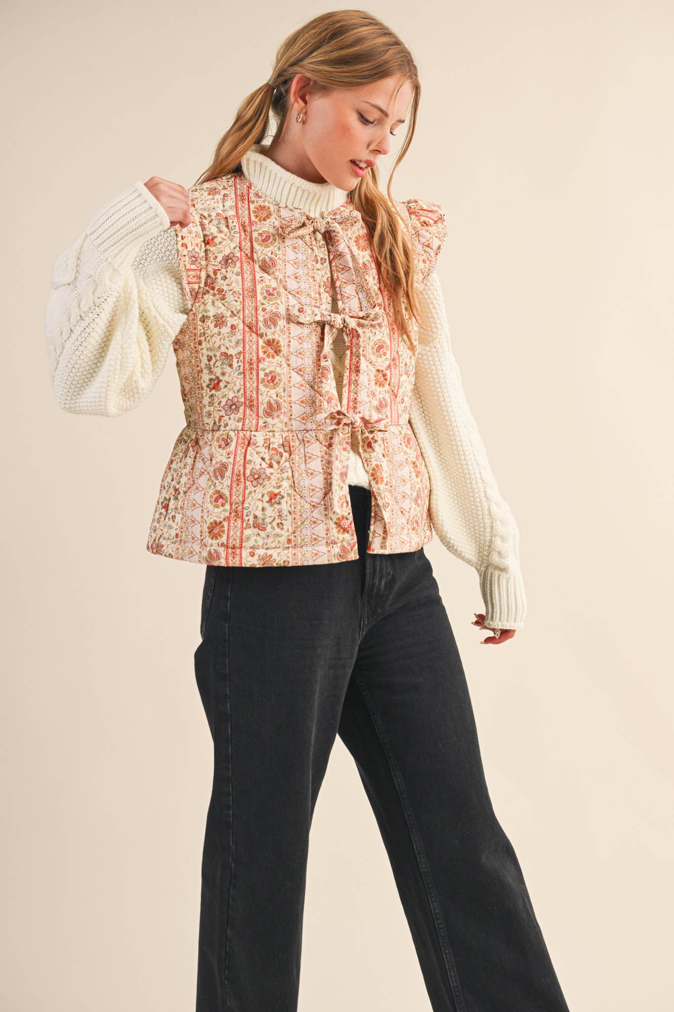 Quilted Floral Vest with Flutter Sleeves