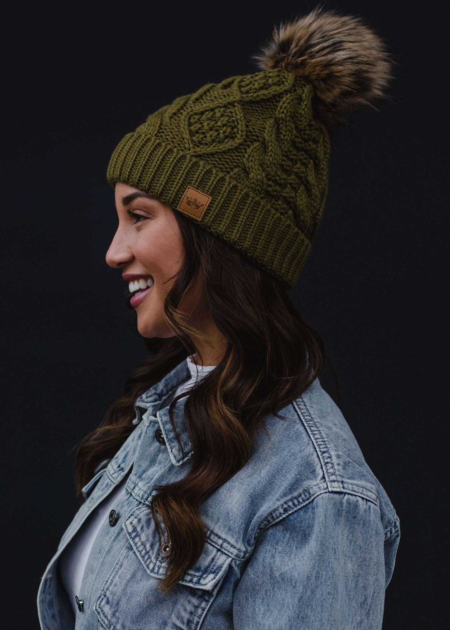 Muted Olive Cable Knit Pom Hat