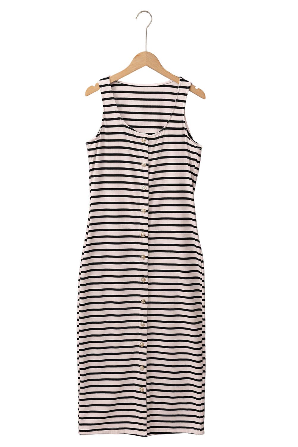 Ivory and Black Stripe Sleeveless Button Front Midi Dress