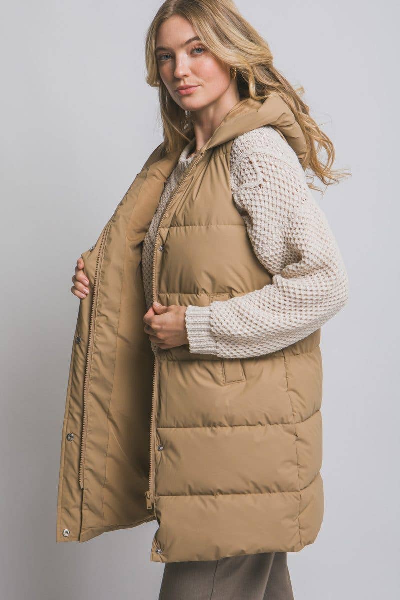 Sage Green Hooded Long Quilted Puffer Vest
