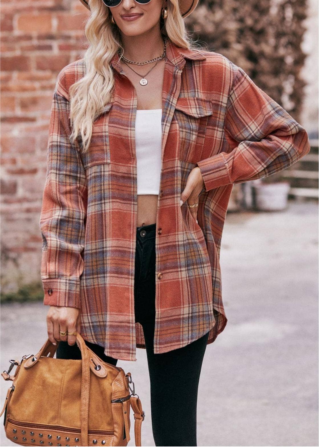 Caramel Plaid Oversized Flannel Button Down Shirt